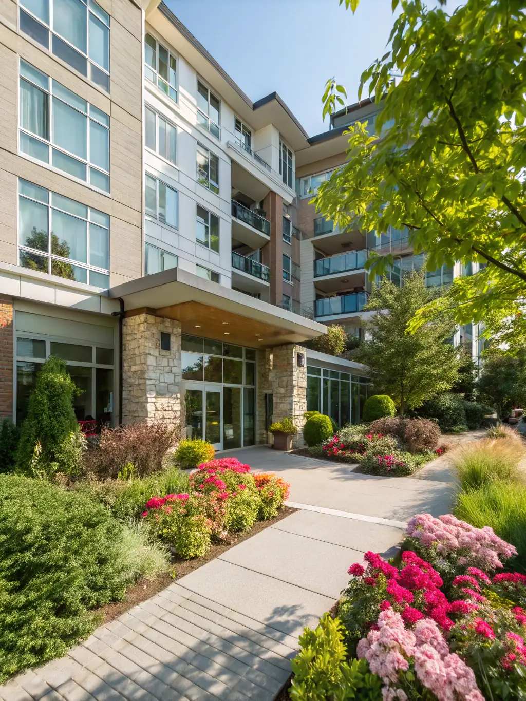 A modern apartment building exterior at sunset, showcasing well-maintained landscaping and architectural design, representing OASIS NOOR's property management services.