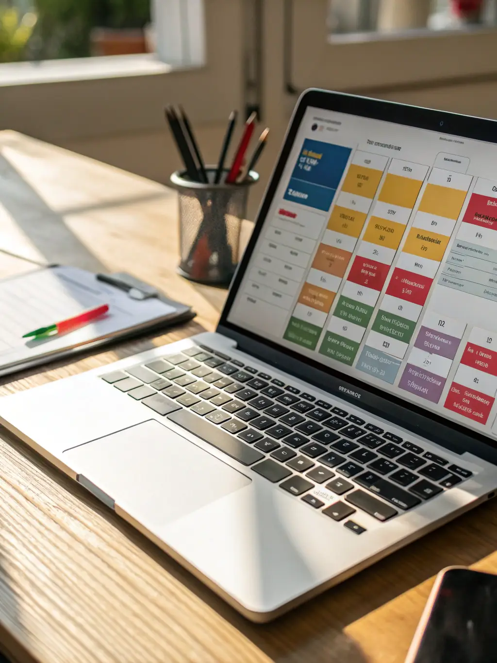 A calendar and booking system interface on a tablet, showing short-term rental bookings, representing OASIS NOOR's short-term rental management.
