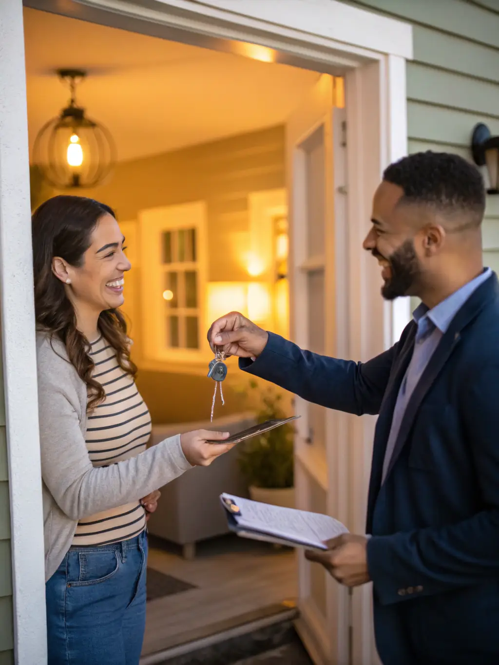 A professional real estate agent handing over keys to a new homeowner in front of a modern house, symbolizing OASIS NOOR's brokerage services.